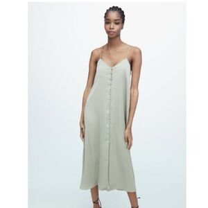 ZARA sage green satin slip dress. V neck with buttons down the front